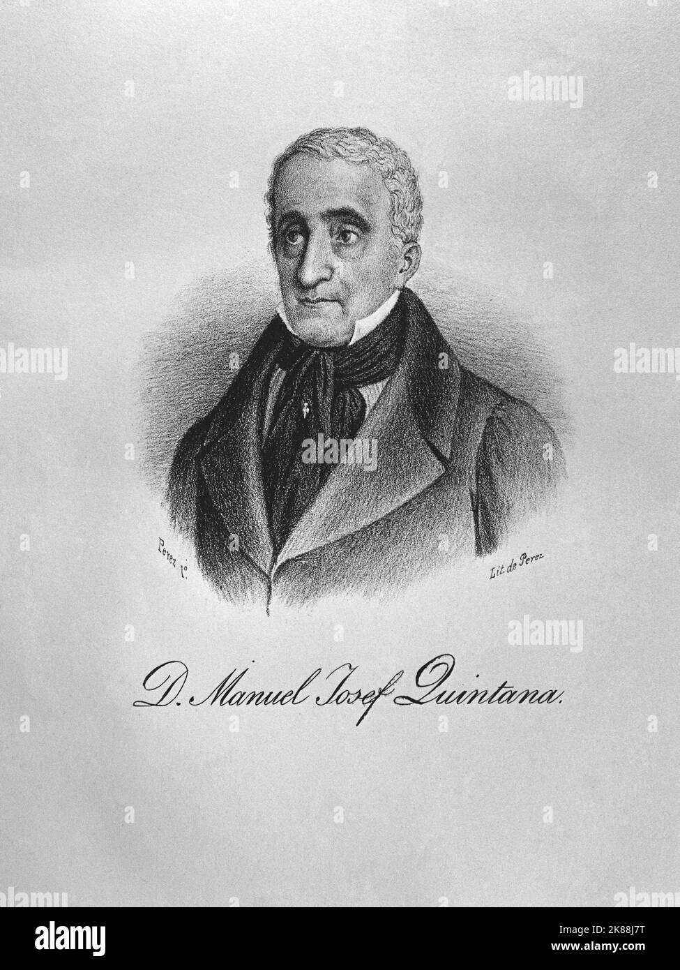 RETRATO DE MANUEL JOSEF QUINTANA - GRABADO SIGLO XIX. Author: PEREZ E. MANUEL JOSE QUINTANA (1772/1857). Stock Photo