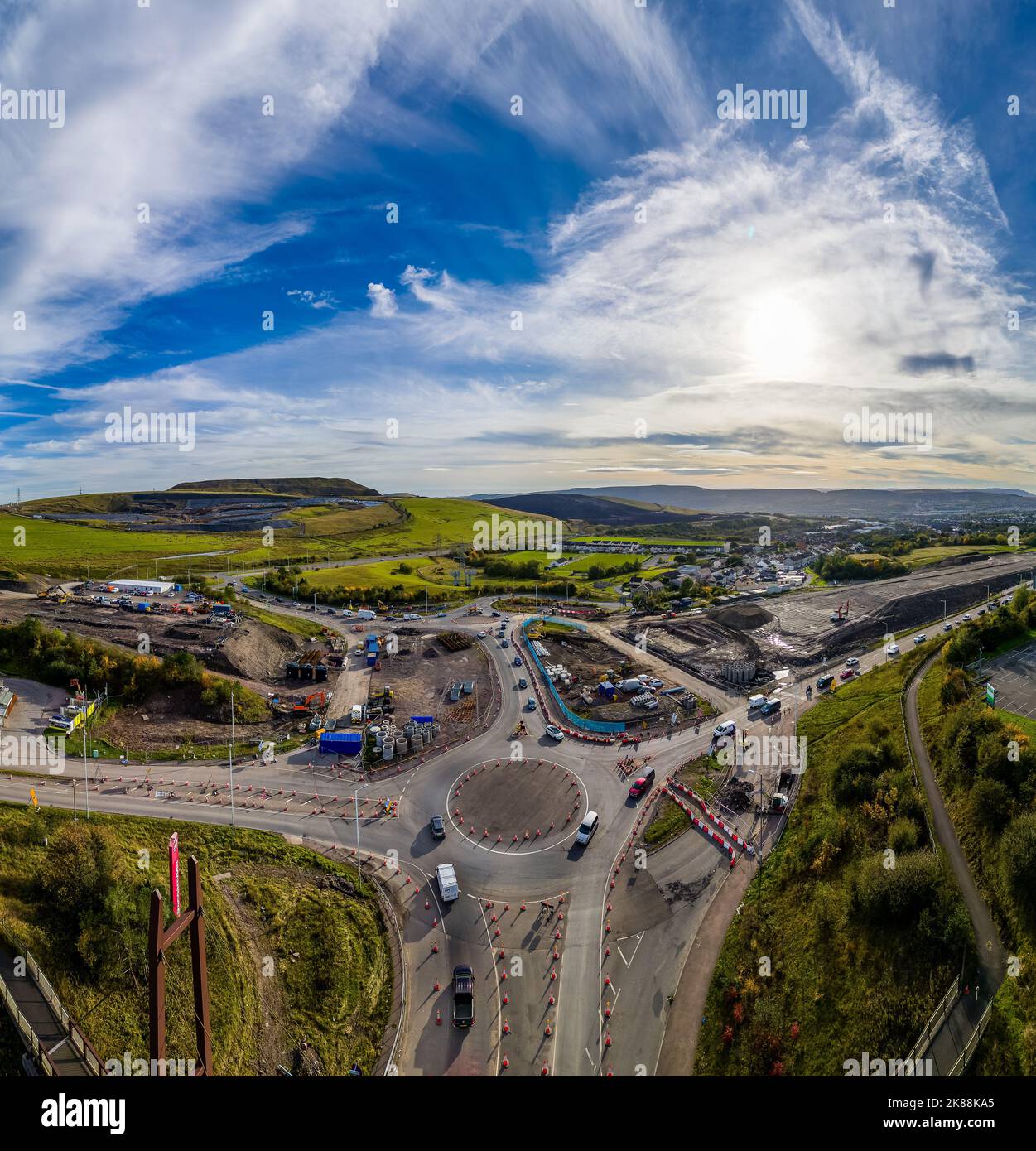 DOWLAIS, WALES, UK - OCTOBER 18 2022: Panoramic aerial view of roadworks and traffic cones during the dualling of the A465 road in South Wales. Stock Photo