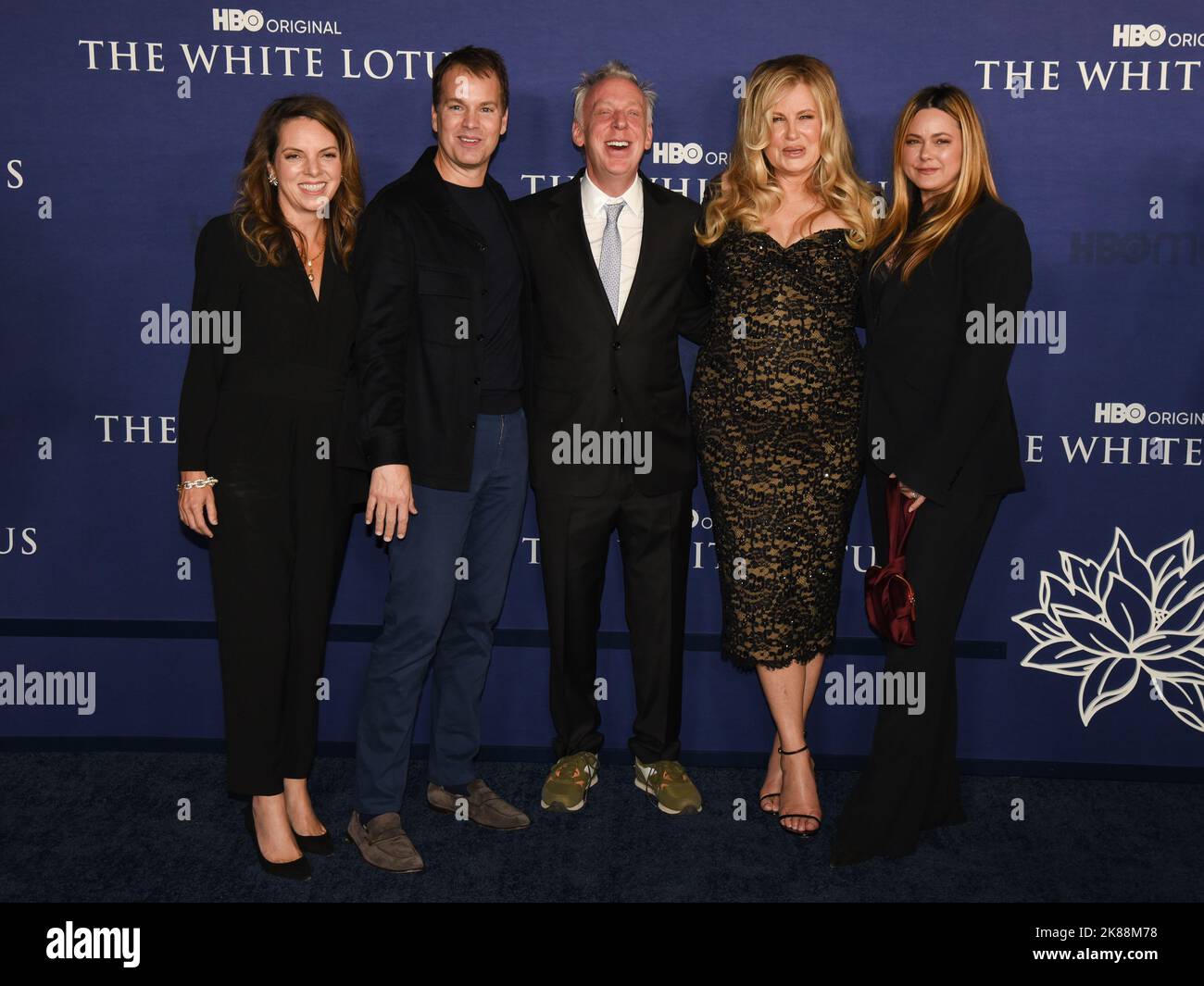 October 20, 2022, Hollywood, California, USA: (L-R) SVP of HBO Drama Programming Nora Skinner, Chairman/CEO of HBO & HBO Max Casey Bloys, Mike White, Jennifer Coolidge, and EVP of HBO Programming Francesca Orsi attend the Los Angeles Season 2 Premiere of HBO Original Series ''The White Lotus' (Credit Image: © Billy Bennight/ZUMA Press Wire) Stock Photo