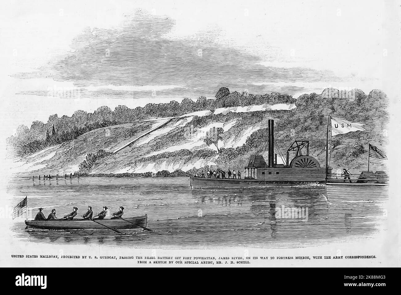 United States Mailboat, protected by the U. S. gunboat, passing the Rebel battery off Fort Powhatan, James River, Virginia, on its way to Fort Monroe, with the Army correspondence. August 1862. 19th century American Civil War illustration from Frank Leslie's Illustrated Newspaper Stock Photo