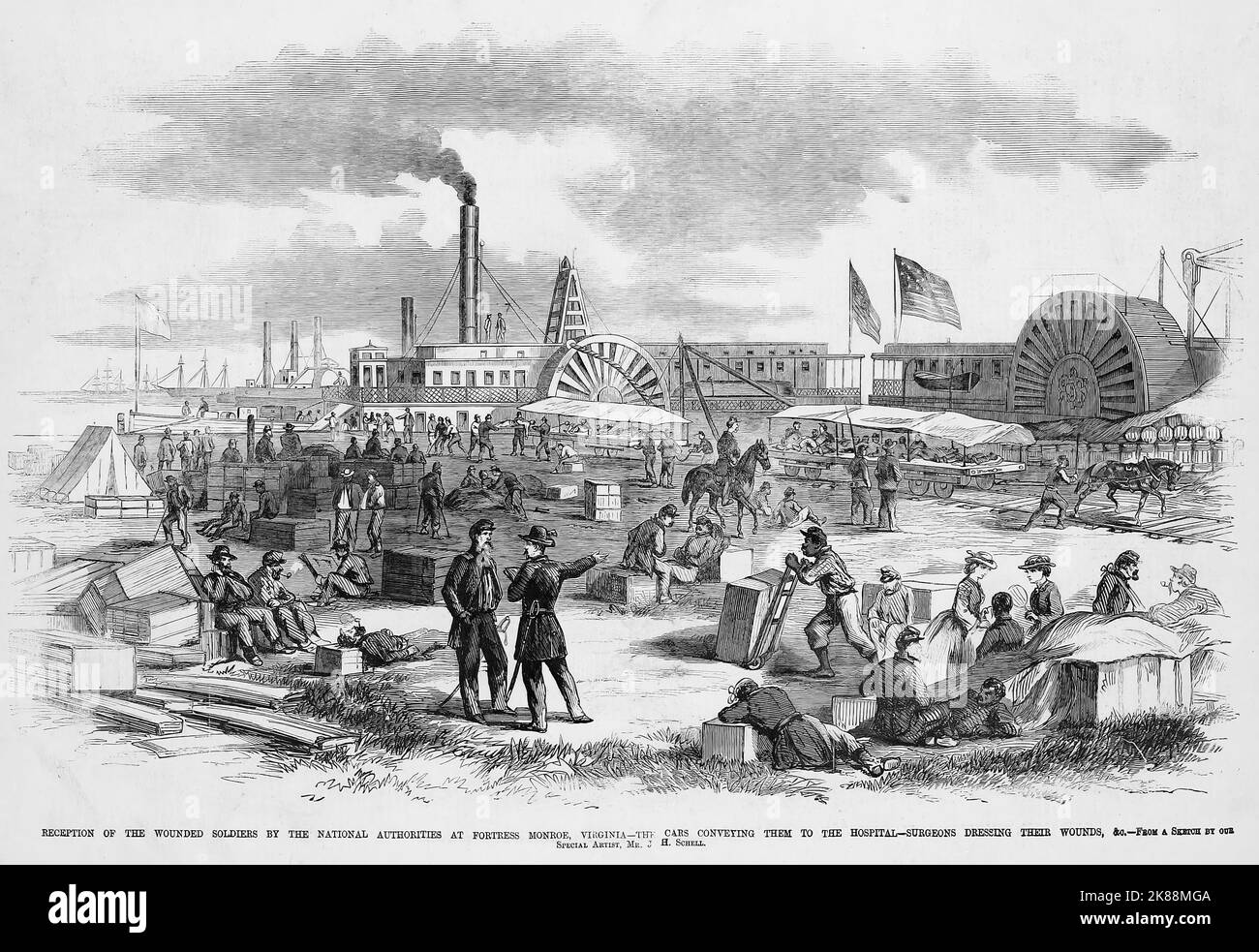 Reception of the wounded soldiers by the National authorities at Fort Monroe, Virginia - The cars conveying them to the hospital - Surgeons dressing their wounds. August 1862. 19th century American Civil War illustration from Frank Leslie's Illustrated Newspaper Stock Photo