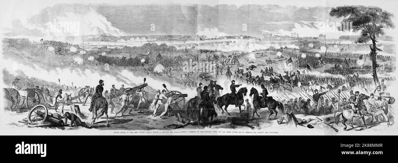 Second Battle of Bull Run, fought Friday, August 29th, 1862, between the National forces commanded by Major General John Pope, and the Rebel forces led by Generals Robert E. Lee, Stonewall Jackson and James Longstreet. 19th century American Civil War illustration from Frank Leslie's Illustrated Newspaper Stock Photo