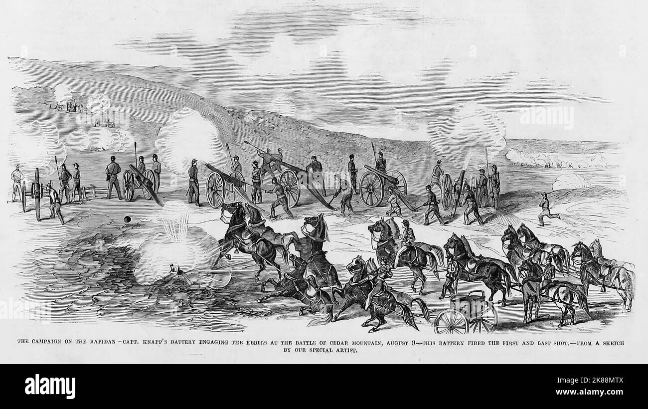 The Campaign on the Rapidan - Captain Knapp's battery engaging the Rebels at the Battle of Cedar Mountain, August 9th, 1862 - This battery fired the first and last shot. 19th century American Civil War illustration from Frank Leslie's Illustrated Newspaper Stock Photo