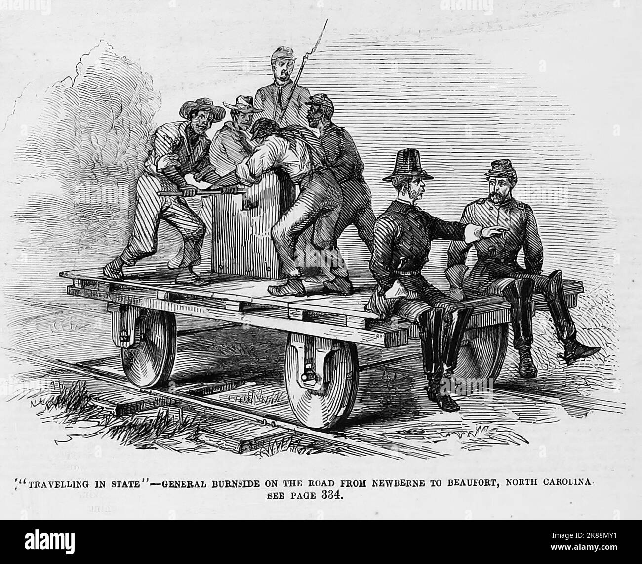 'Travelling in State' - General Ambrose Everett Burnside on the road from New Bern to Beaufort, North Carolina. August 1862. 19th century American Civil War illustration from Frank Leslie's Illustrated Newspaper Stock Photo