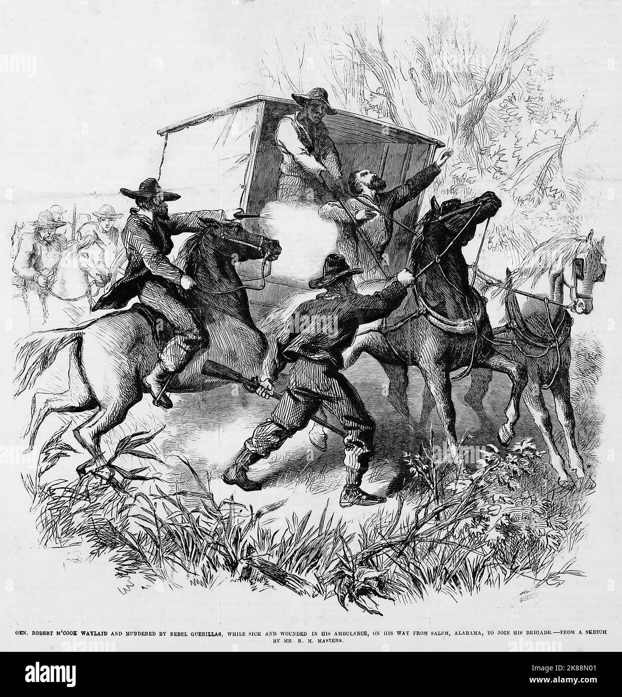 General Robert Latimer McCook waylaid and murdered by Rebel guerillas, while sick and wounded in his ambulance, on his way from Salem, Alabama, to join his brigade. August 6th, 1862. 19th century American Civil War illustration from Frank Leslie's Illustrated Newspaper Stock Photo