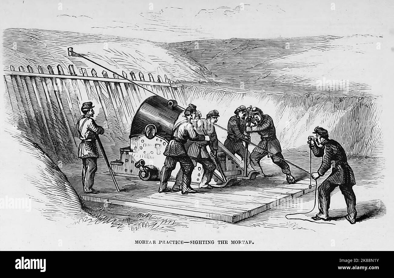 Mortar practice Sighting the mortar. July 1862. 19th century American