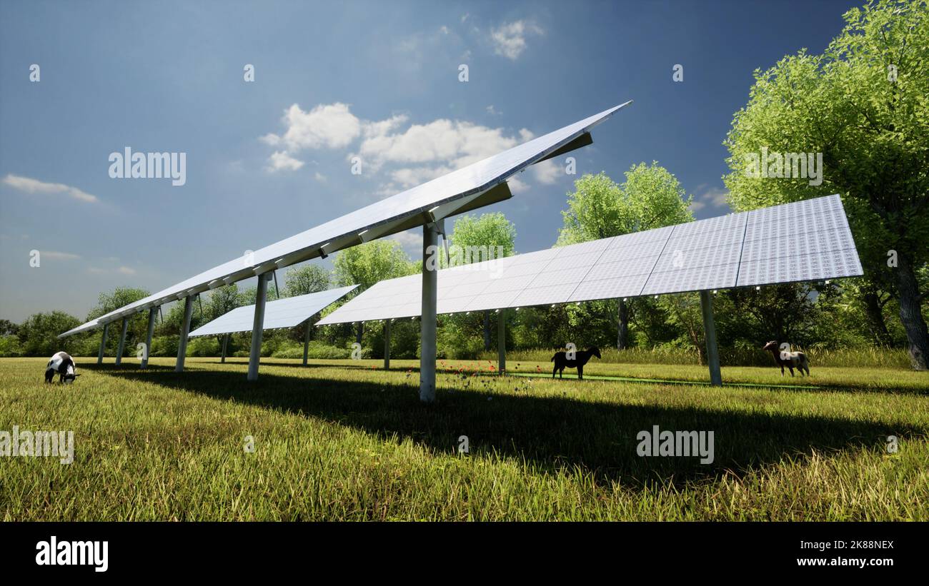 Solar panel farm energy - 3D Render Stock Photo