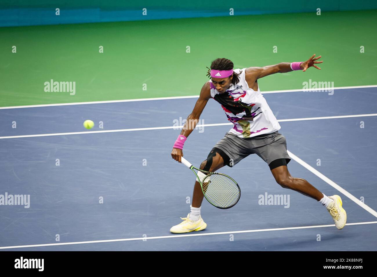 Mikael Ymer of Sweden in action against Stefanos Tsitsipas of Greece during their quarterfinal tennis match at the Stockholm Open tennis tournament i Stock Photo
