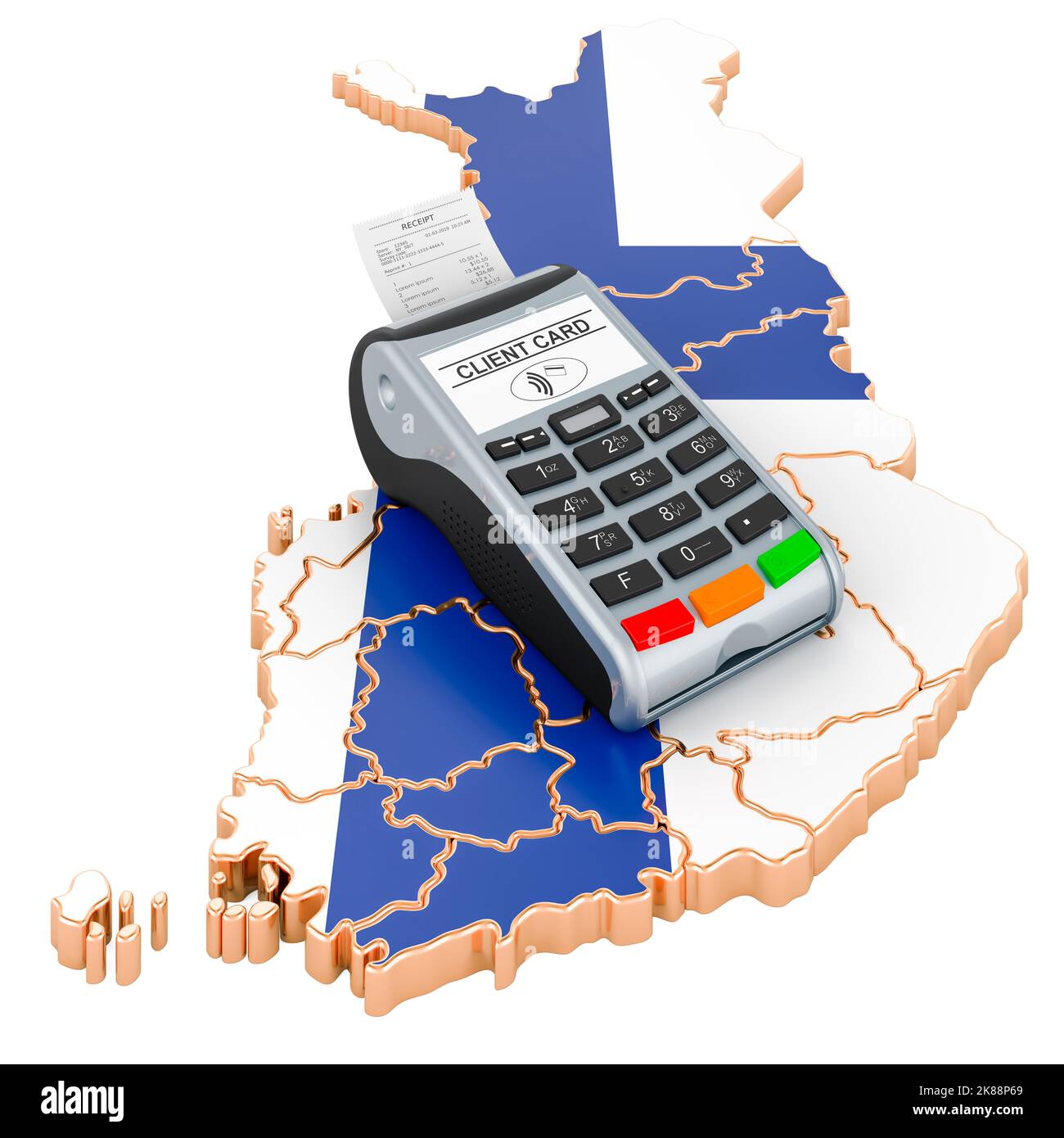 Finnish map with POS terminal. Cashless payments in Finland concept. 3D rendering isolated on white background Stock Photo