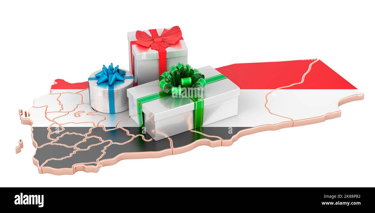 Gift boxes on the Yemeni map. Christmas and New Year holidays in Yemen
