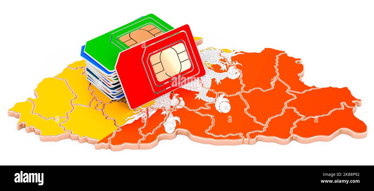 Sim cards on the Bhutanese map - Sim Cards On The Bhutanese Map Mobile Communications Roaming In Bhutan Concept 3d Rendering Isolated On White Background 2K88P92 