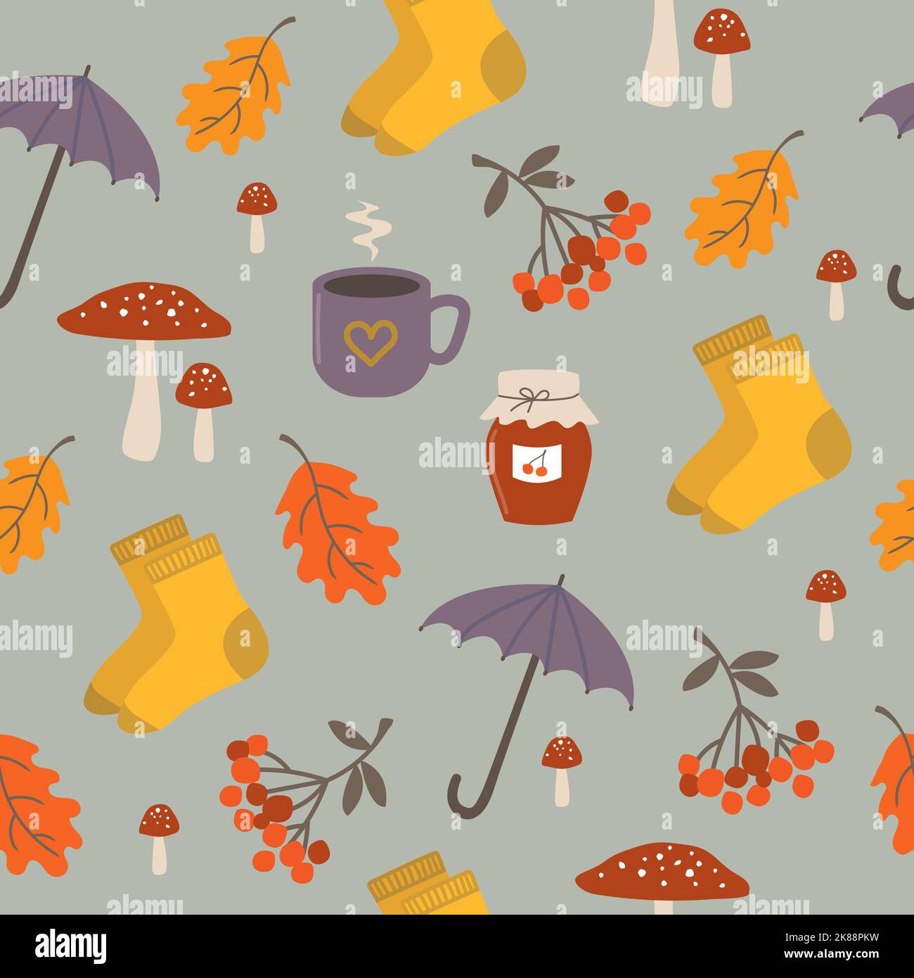 Seamless pattern with autumn elements. Cute and cozy seasonal items in a repeat pattern. Stock Vector