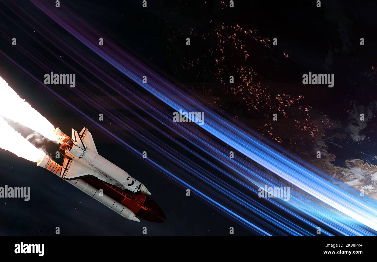 Space shuttle on background of habitable deep space planet Stock Photo