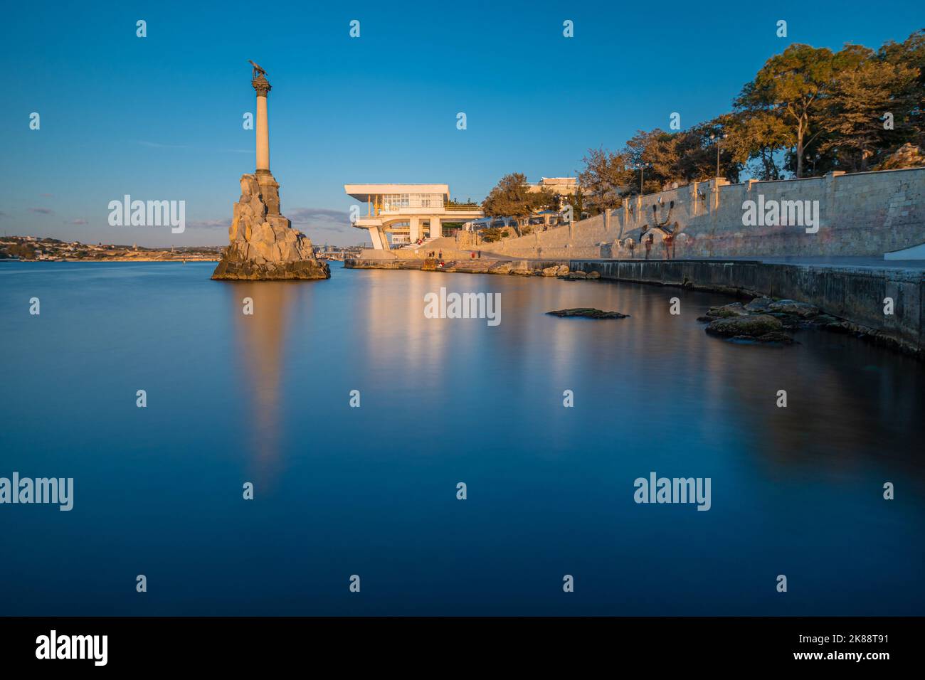 Monument to the scuttled ships at sunset. Sevastopol, Russia. Long exposure, smooth sea Stock Photo