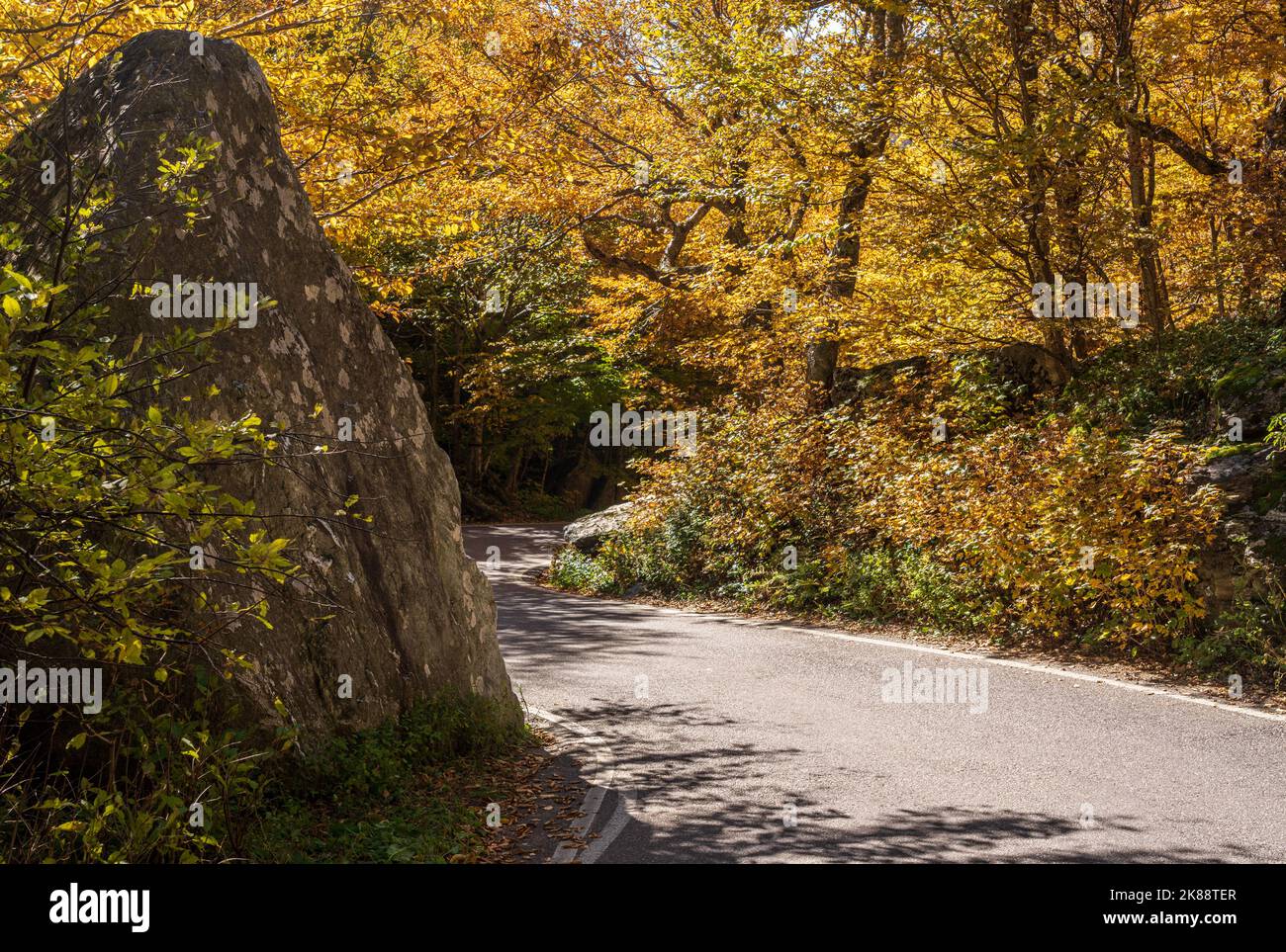 Narrow bend between boulders in Smugglers Notch in the fall Stock Photo