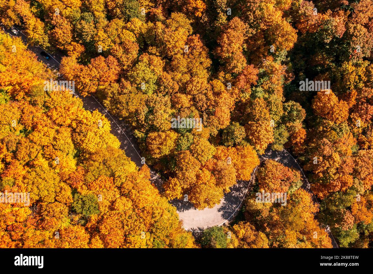 Drone aerial view of the narrow hairpin bend in the road through Smugglers Notch in the fall Stock Photo