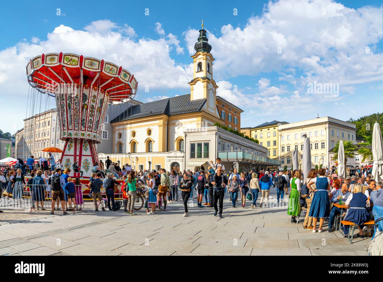 Austrians celebrate Saint Rupert's Day, the patron saint of Salzburg, with festivities, rides, and food booths in Salzburg, Austria. Stock Photo