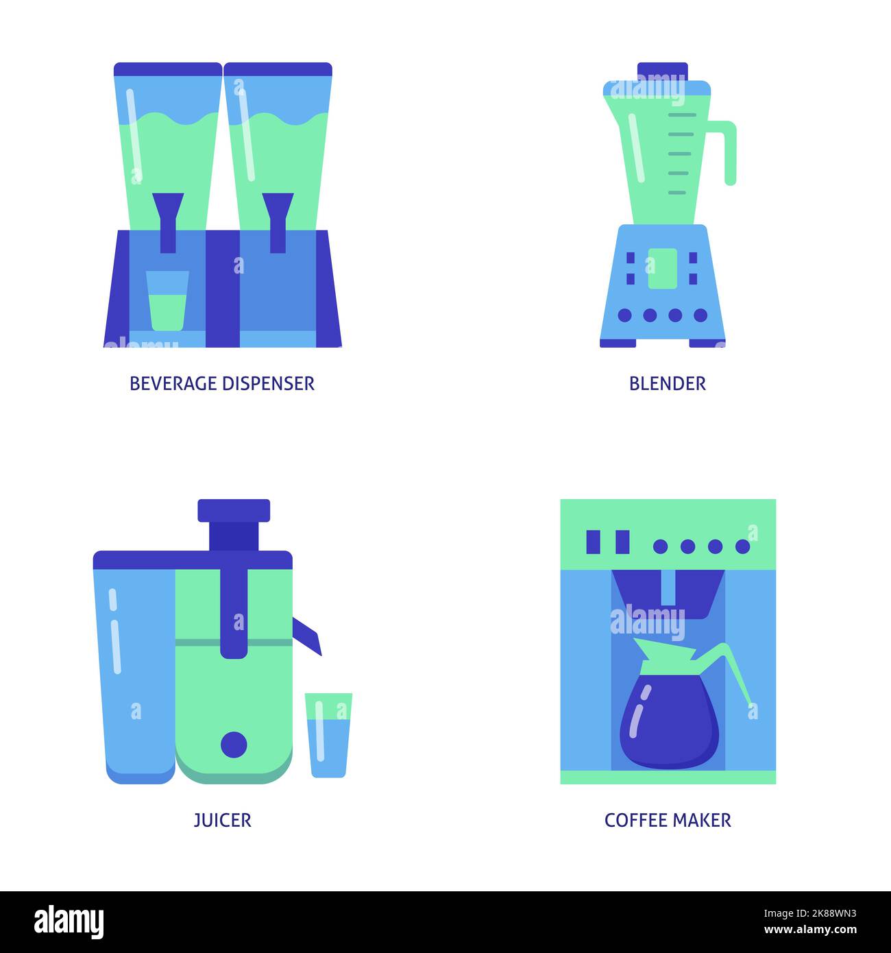 Beverage kitchen equipment icon set in flat style. Coffee maker, drinks