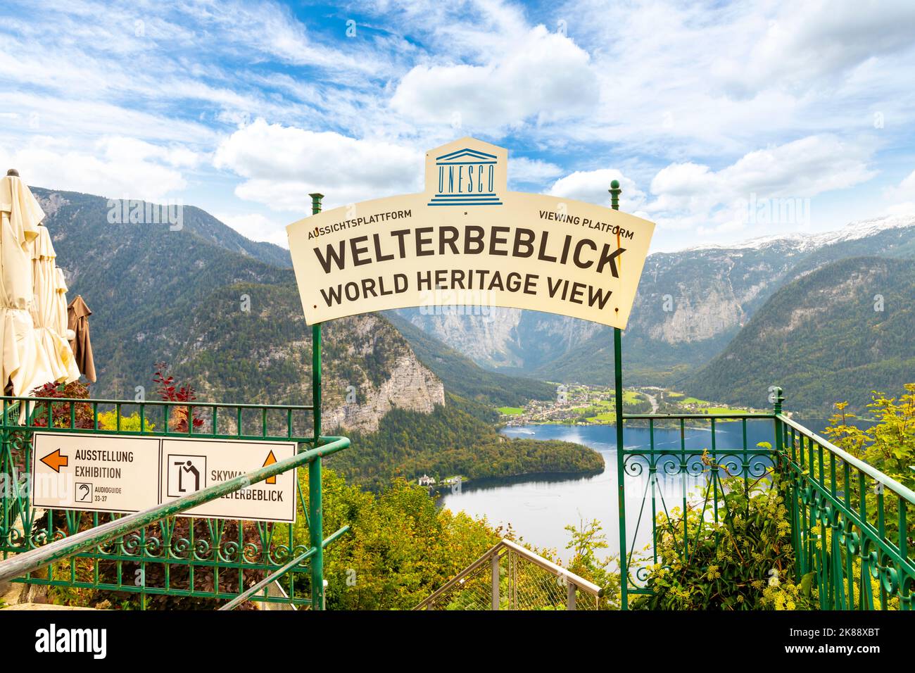 The entrance sign to the Welterbeblick World Heritage View skywalk above the village and lake at Hallstatt, Austria. Stock Photo