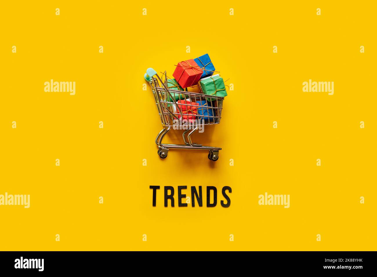 Retail Shopping trends concept. Word Trends and mini shopping