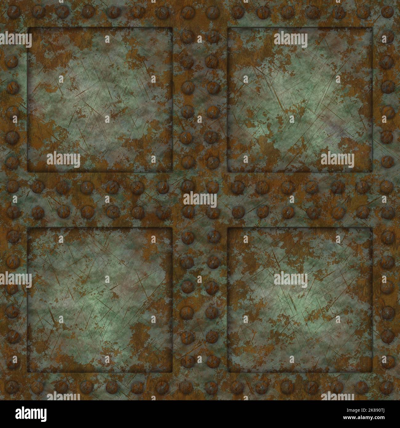 Rusty riveted four square metal panel seamless texture, detailed grungy