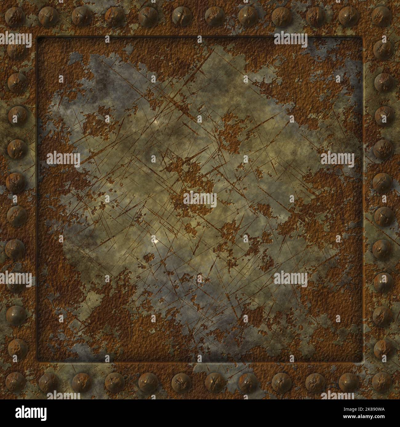 Rusty riveted square metal panel seamless texture, detailed grungy