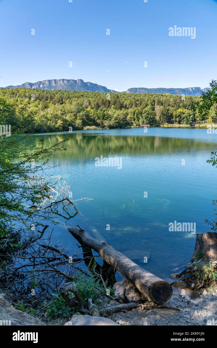 The Montiggler Lakes, on the South Tyrolean Wine Road, biotope and recreational area, the small Montiggler Lake, near the village of Kaltern, Italy Stock Photo