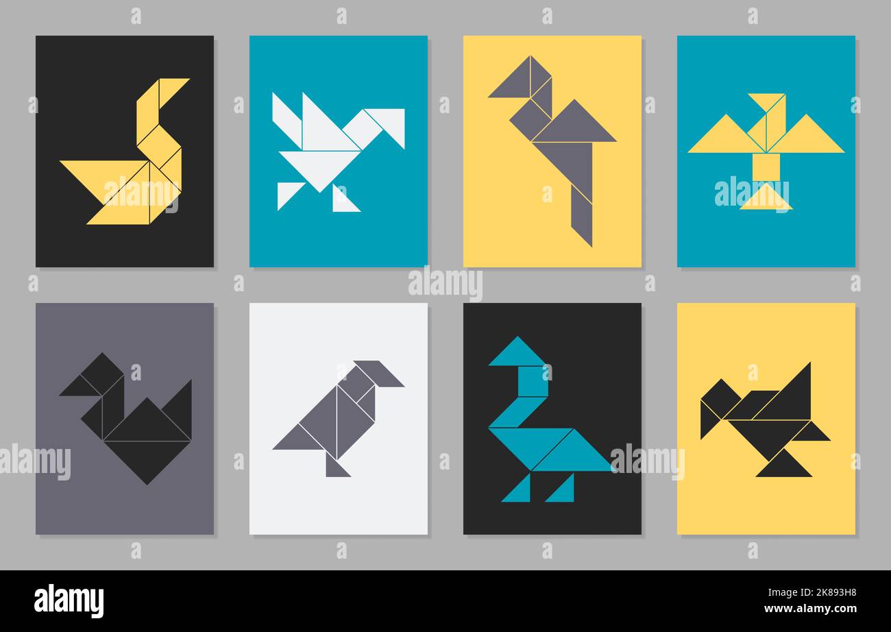 Colorful posters with eight tangram vector birds. Stock Vector