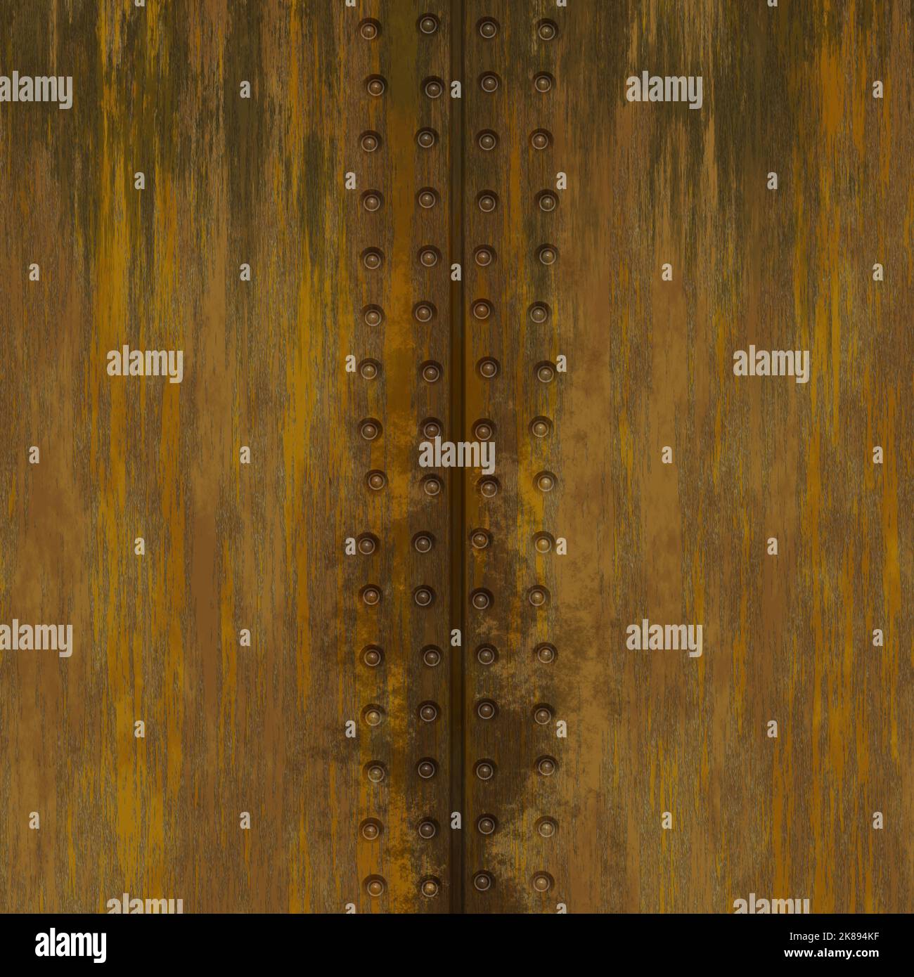 Rusty riveted metal plate wall covering seamless texture, rusty color