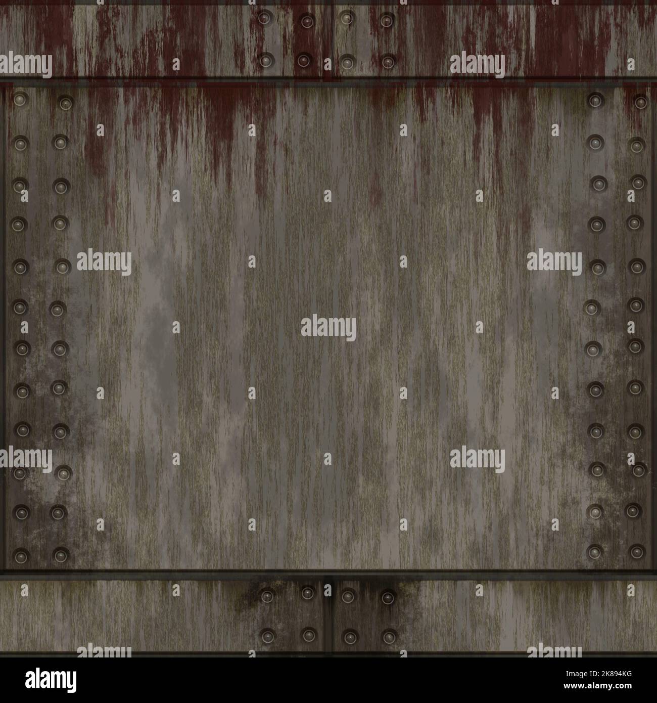 Rusty riveted metal plate wall covering seamless texture, grey color