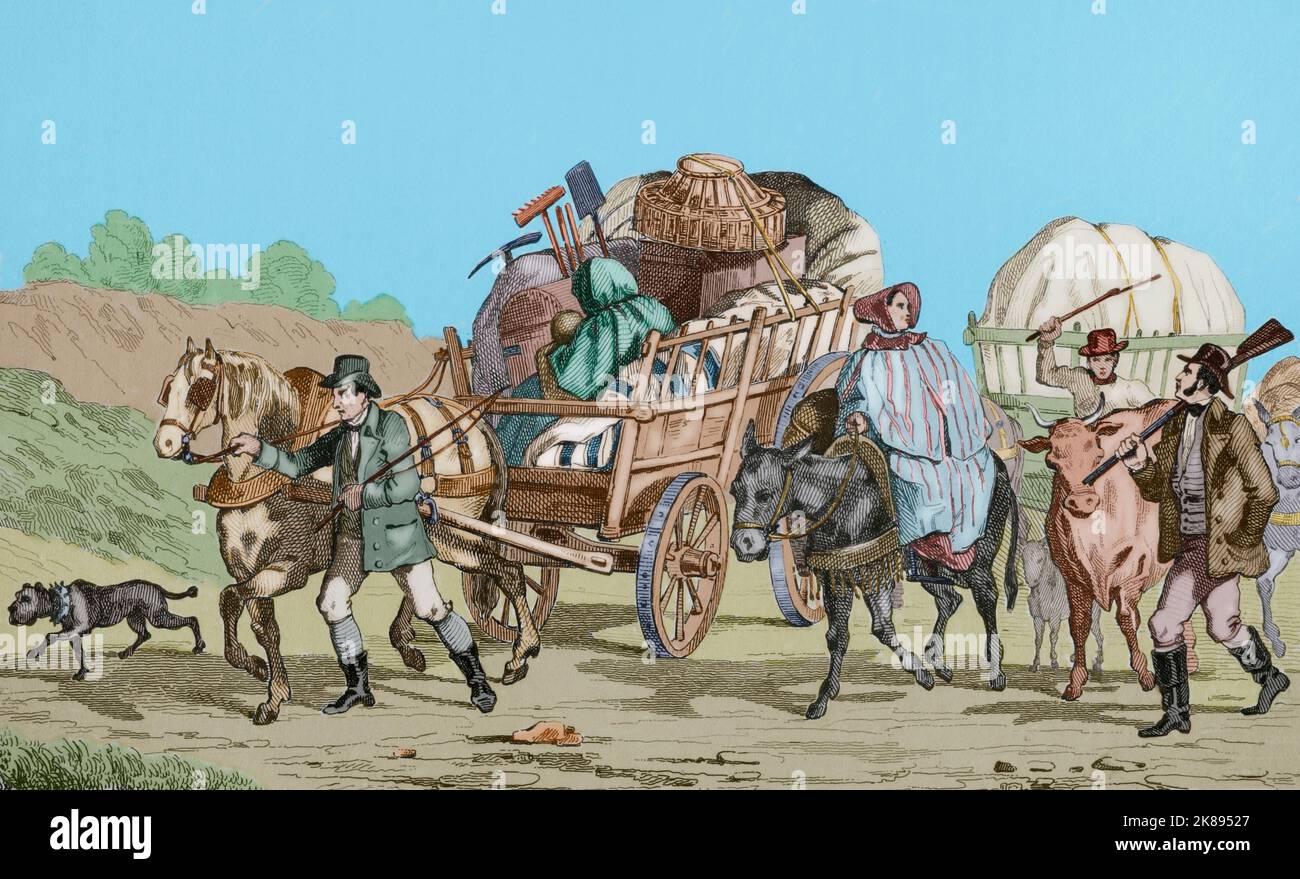 Emigrants on carts heading out West. Stock Photo