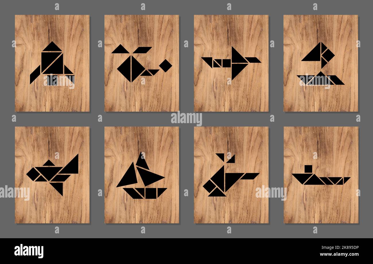 Wooden Posters with eight tangram vector transport. Stock Vector
