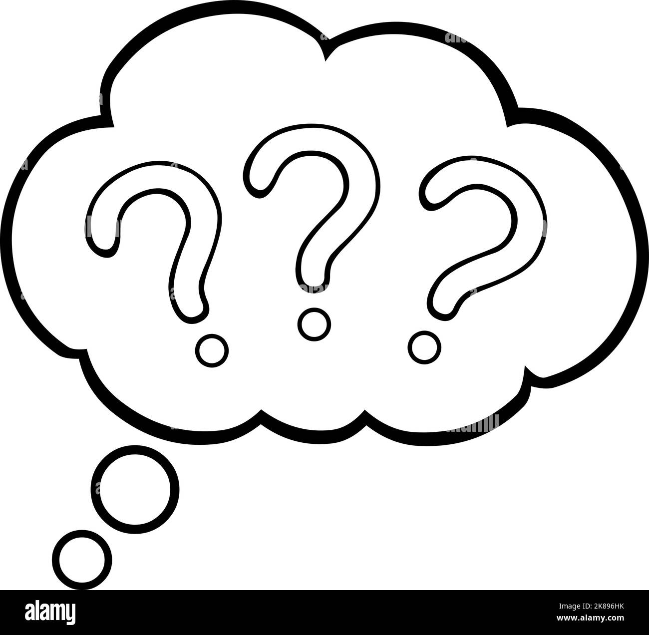 Vector illustration of a cloud of thoughts with question marks, drawn in black and white Stock Vector