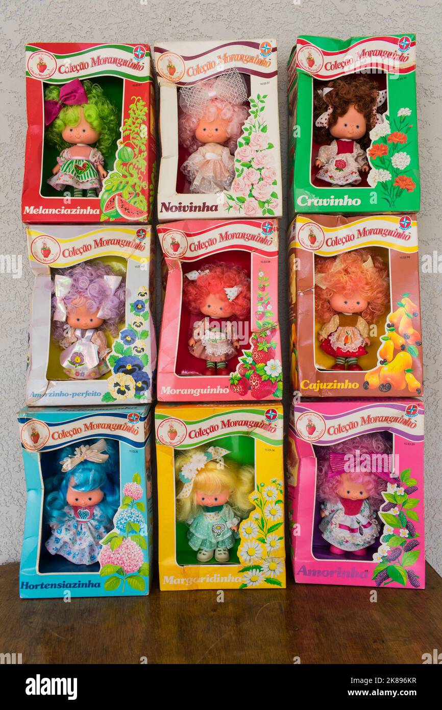 Tres Coroas, Brazil - Circa August 2022: Strawberry Shortcake (Moranguinho) dolls from the 1987 Brazilian collection 'Fruits and Flowers' by Estrela ( Stock Photo
