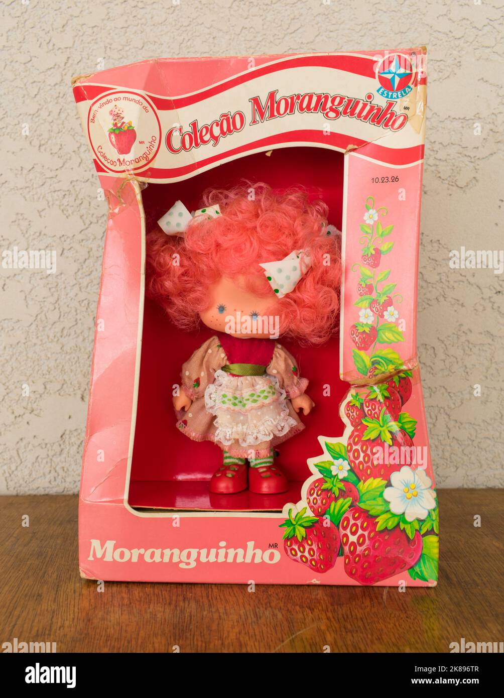 Tres Coroas, Brazil - Circa August 2022: Strawberry shortcake doll from 1987, from the Brazilian collection 'Fruits and Flowers' by Estrela (toy manuf Stock Photo
