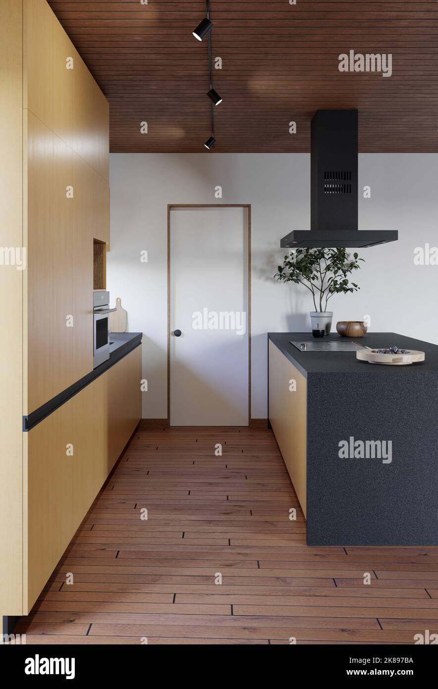 3d rendering of a kitchen with an island and black bar stools Stock ...