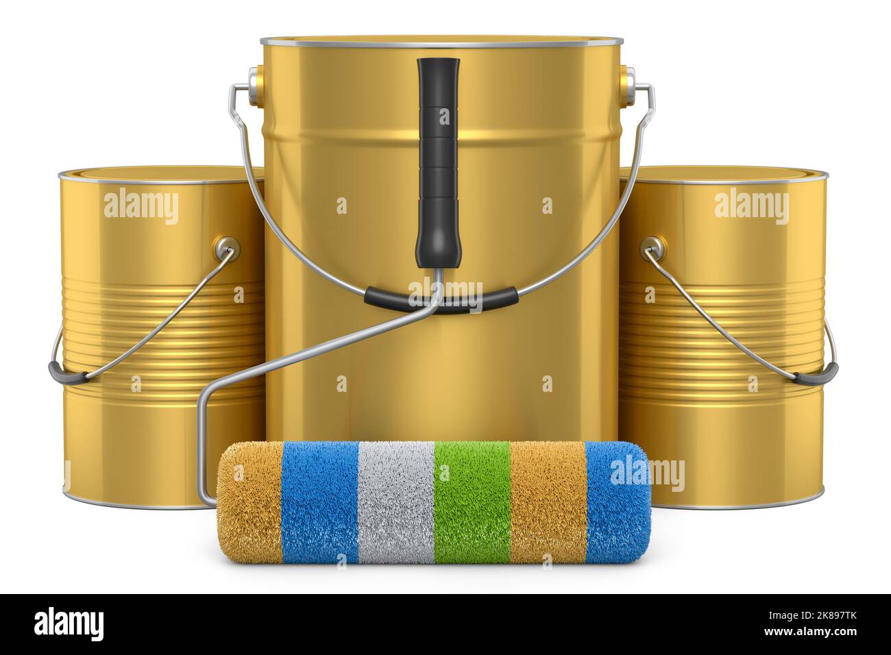 Set of metal can or buckets with paint roller for painting walls on