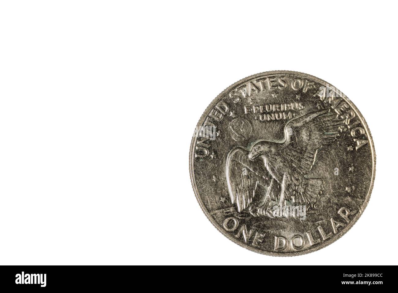 Close up view of back side of one dollar coin dated 1974. Numismatic concept. Stock Photo