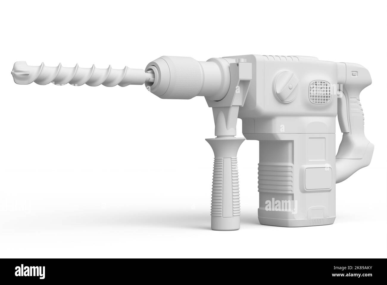 Electric drill with cord and attached metal bit isolated on white monochrome background. 3d render and illustration of tool for repair and installatio Stock Photo