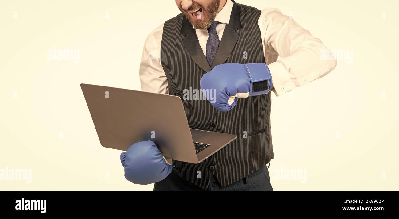 cropped guy in boxing gloves and formalwear punch computer isolated on ...