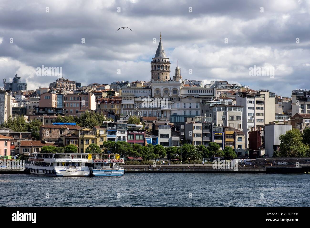 Istanbul, Turkey- September 5, 2021: Panoramic view of Galata Tower from Eminonu Stock Photo