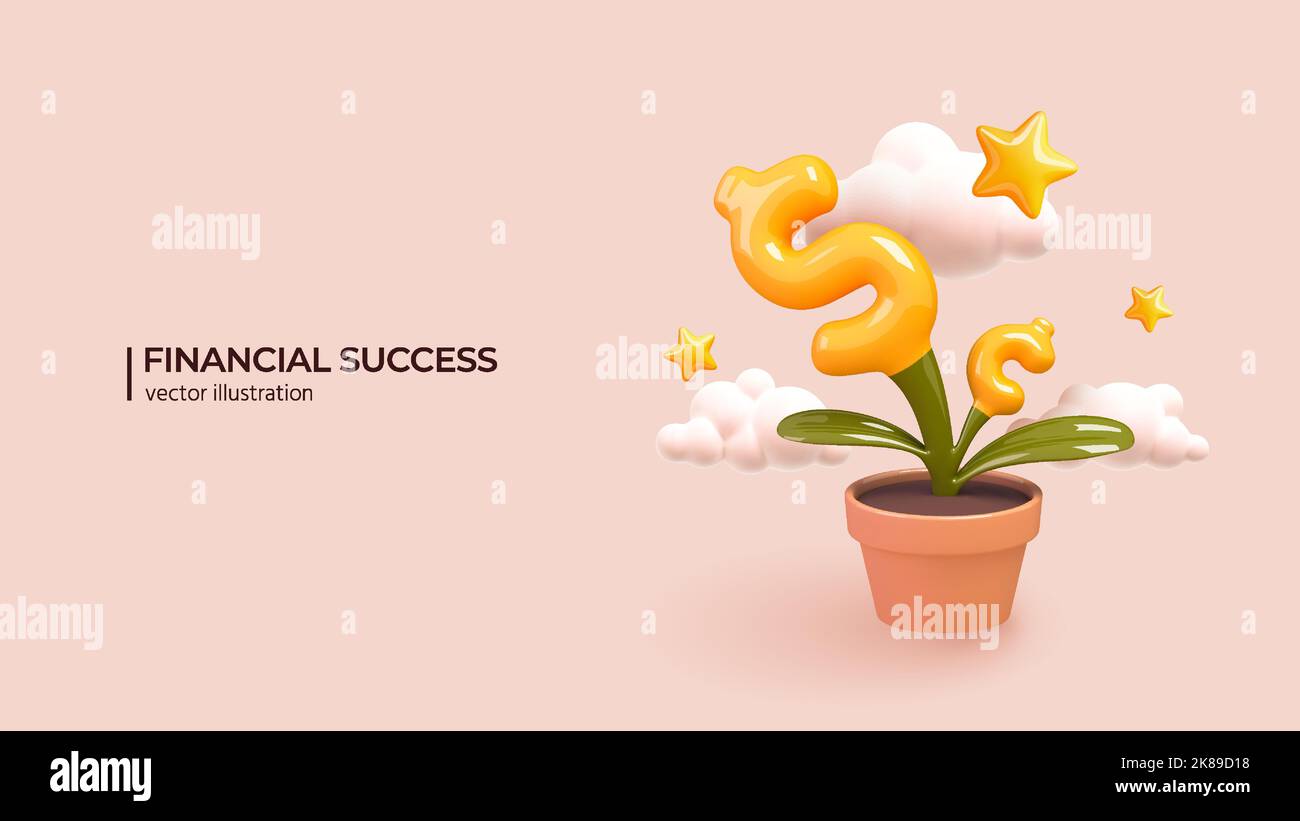 Finance growth - 3D Concept. Realistic 3d design of Analyzing investments, celebrating financial success and money growth. Money increasing concept. Vector illustration in cartoon minimal style. Stock Vector