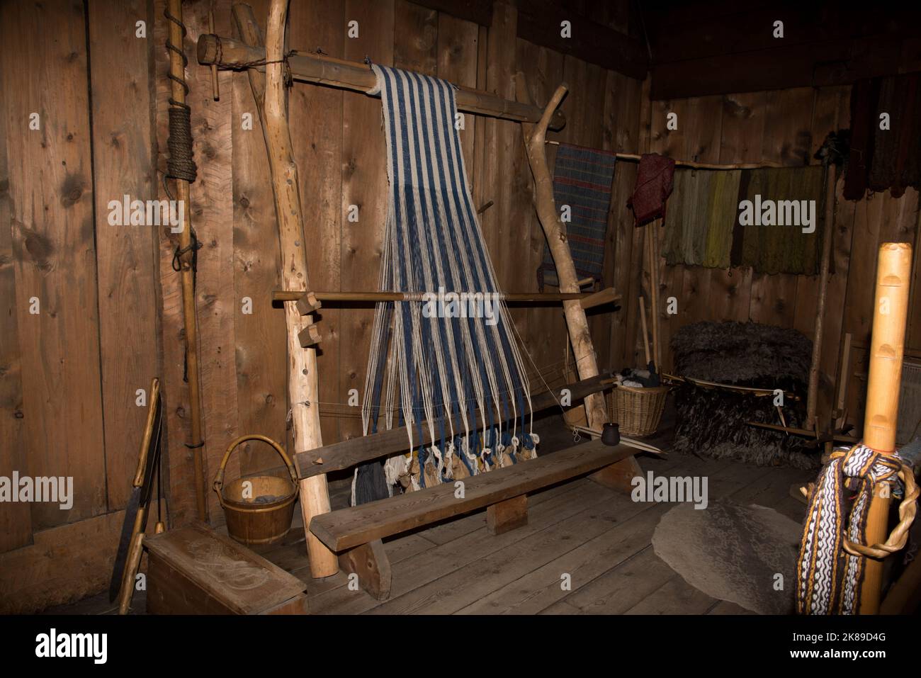 Loom in the interior of a Viking chieftain's longhouse in Borg on Vestvågøya island on Lofoten archipelago in Norway. Stock Photo