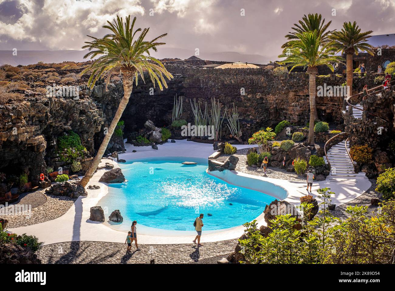Swimming pool in the lava cave, Jameos del Agua, built by the artist Cesar Manrique, Lanzarote, Canary Islands, Spain, Stock Photo