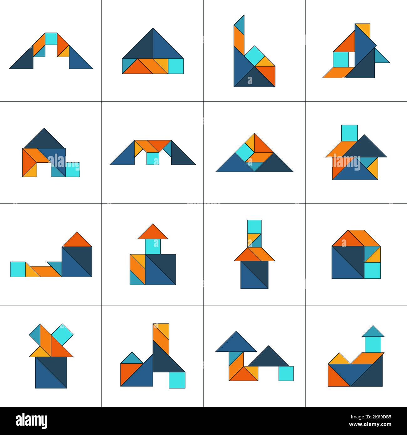 Tangram puzzle for kids. Set of tangram buildings. Stock Vector