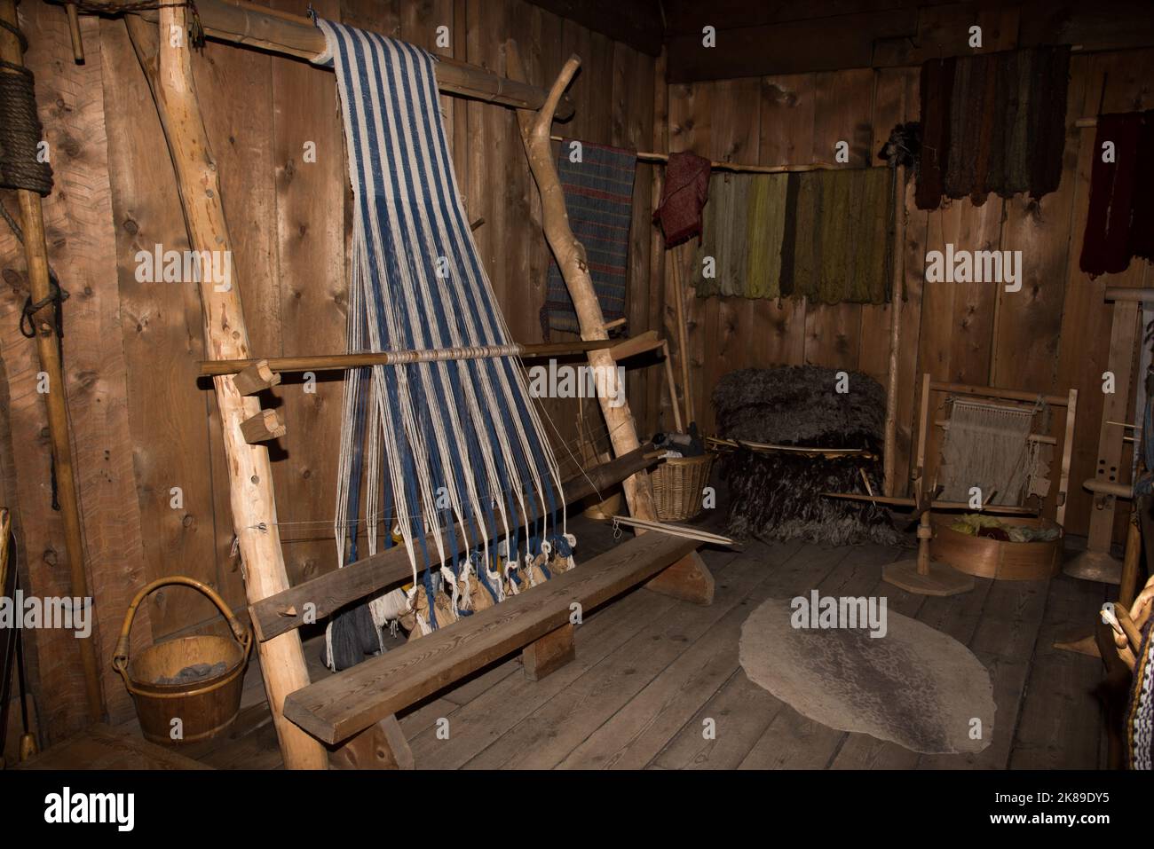 Loom in the interior of a Viking chieftain's longhouse in Borg on Vestvågøya island on Lofoten archipelago in Norway. Stock Photo