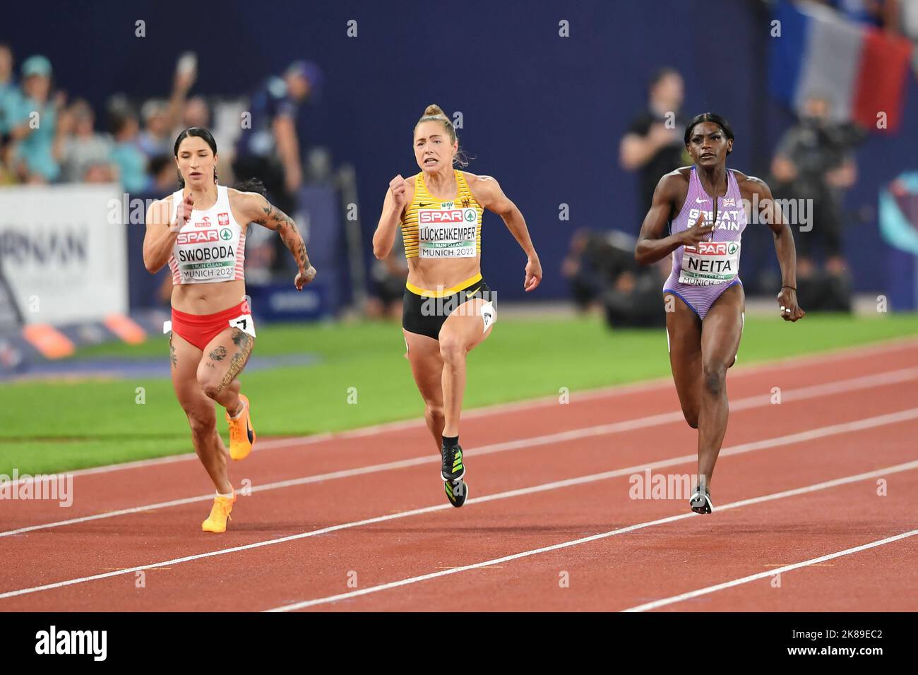 Gina Luckenkemper (Gold), Daryll Neita (Bronze), Ewa Swoboda (4th). 100m Women final. European Championships Munich 2022 Stock Photo