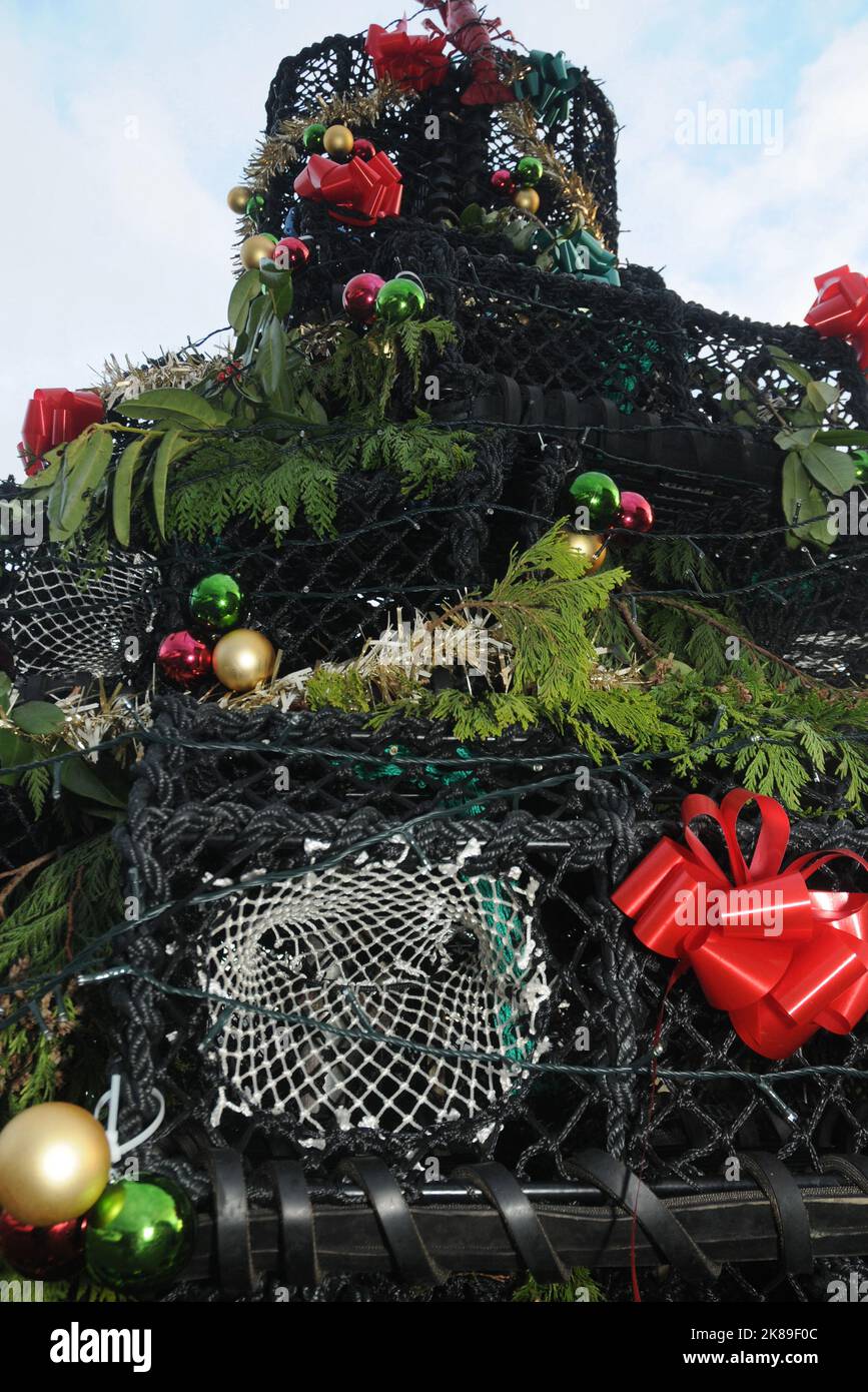 A CHRISTMAS TREE MADE OF LOBSTER POTS ON THE QUAYSIDE AT EMSWORTH, HANTS PIC MIKE WAKLKER 2015