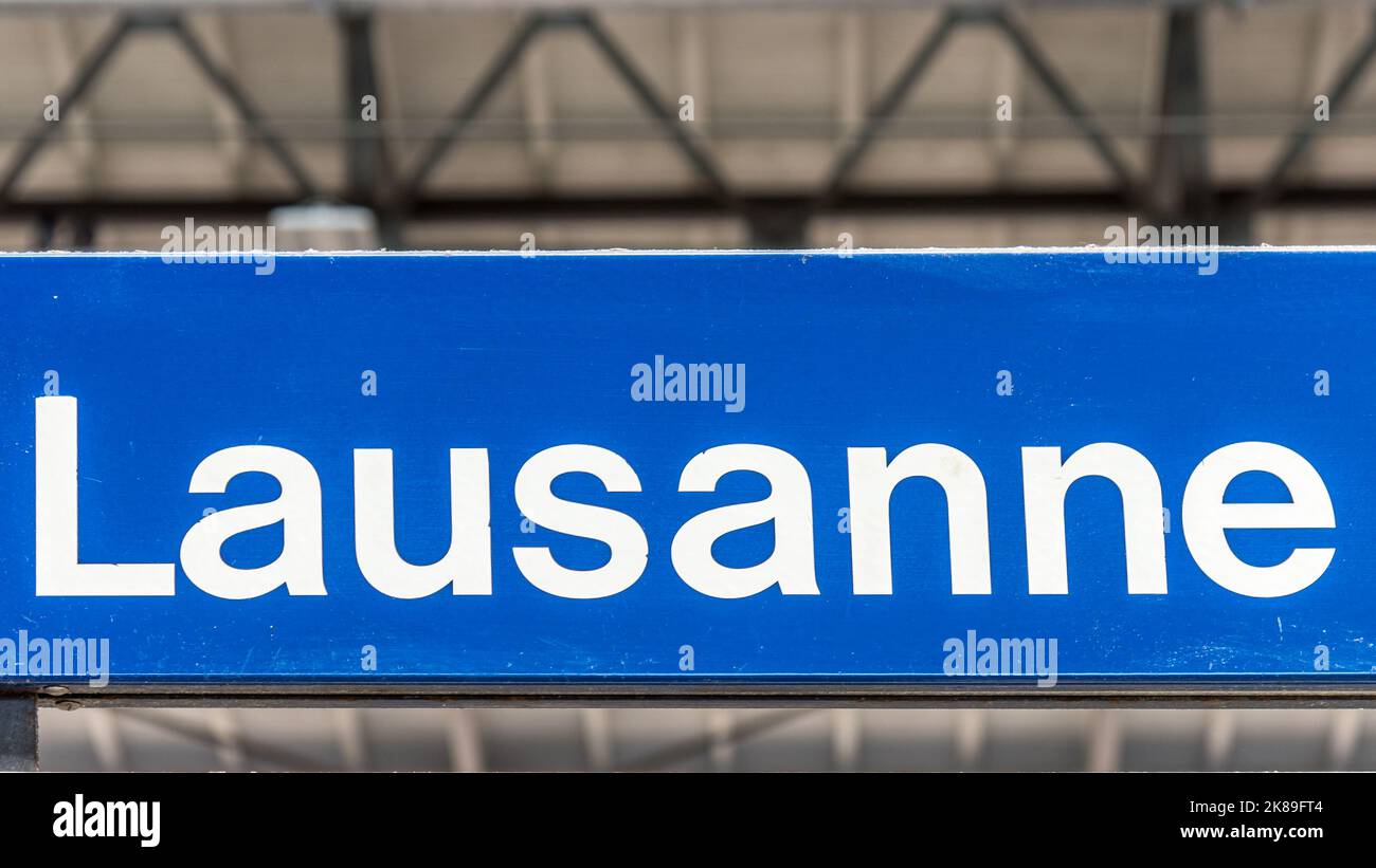 Close up of a railway station sign Lausanne Stock Photo