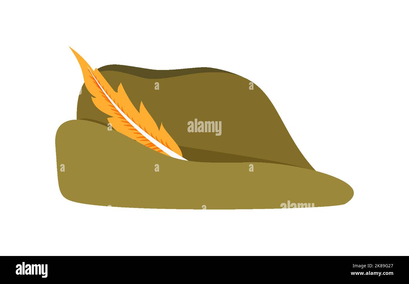 Tyrolean fedora feather hunting hat khaki flat. Headdress retro traditional clothing tyrol oktoberfest green felt military outfit animal hunting travel character accessory adventure icon isolated Stock Vector